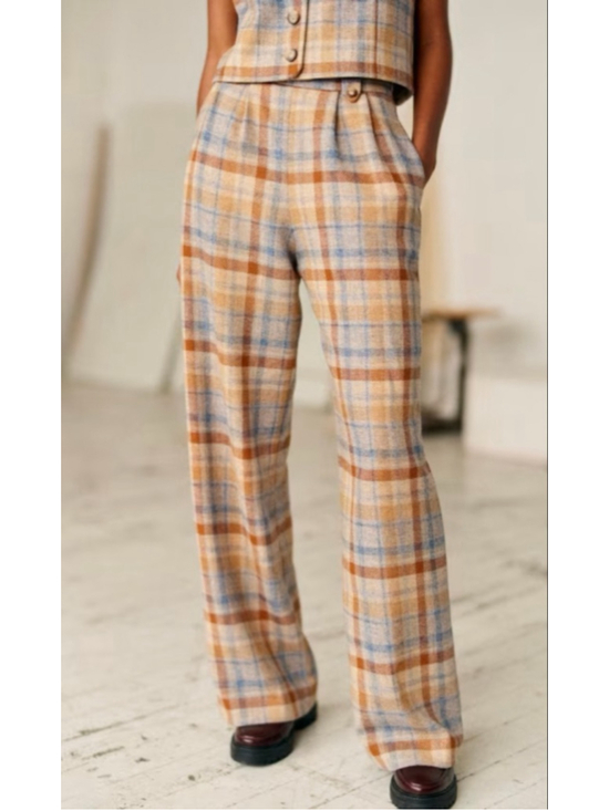 Sezane Pants - NWT Sezane Loulou Trouser in Tan Blue Plaid Check Wool Wide Leg Pants 36/6